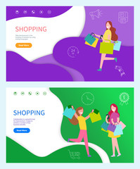 Shopping day happy women running with bags in yellow and purple t-shirt and in skirt and trousers. Lady with long pink hair holding bags and phone vector. Website template webpage landing page in flat
