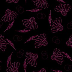 Hand drawn doodles of daisy flower, modern plastic pink color on black background, neon light inspired artwork. Seamless vector repeat pattern tile. 