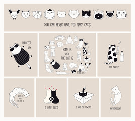 Set kaarten met schattige monochrome doodles van verschillende katten met grappige citaten voor kattenliefhebbers. Hand getekend vectorillustratie. Lijntekening. Ontwerpconcept voor poster, t-shirt, fashion print.