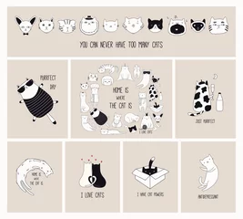 Fototapeten Kartenset mit süßen monochromen Kritzeleien verschiedener Katzen mit lustigen Zitaten für Katzenliebhaber. Handgezeichnete Vektor-Illustration. Strichzeichnung. Designkonzept für Poster, T-Shirt, Modedruck. © Maria Skrigan