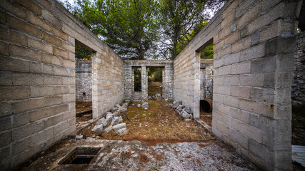 old house with no ruff on an island in Croatia, great trees in the background