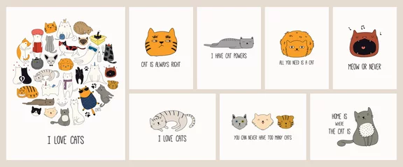 Abwaschbare Fototapete Abbildungen Kartenset mit niedlichen Farbkritzeleien verschiedener Katzen mit lustigen Zitaten für Katzenliebhaber. Handgezeichnete Vektor-Illustration. Strichzeichnung. Designkonzept für Poster, T-Shirt, Modedruck.