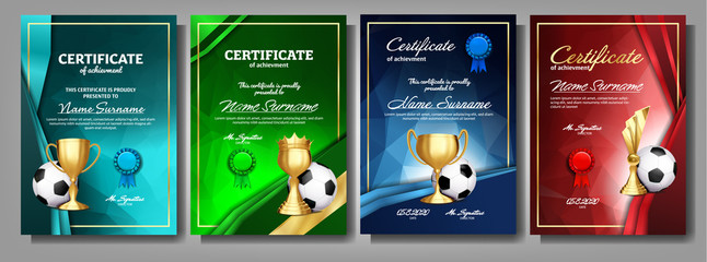 Soccer Game Certificate Diploma With Golden Cup Set Vector. Football. Sport Award Template. Achievement Design. A4. Graduation. Document. Champion. Best Prize. Winner Trophy. Template Illustration