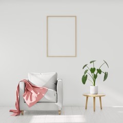 Minimalistic modern interior with an armchair, poster mockup for your design. You can use this mockup to display your artwork. 3D render.