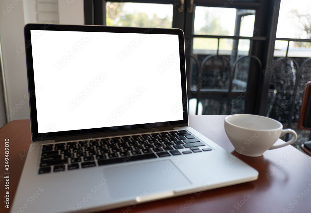 Poster mock up Using laptop with blank screen computer modern