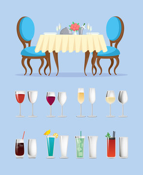 Restaurant table and glassware with cocktails vector. Dinner setting and alcohol drinks or wine glasses, furniture and beverages in containers, cutlery