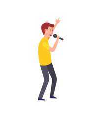 Male singing, musician giving performance isolated vector. Man performer entertaining, funny character holding microphone. Vocalist with mike mic
