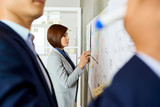 Businesswoman checking charts on wall