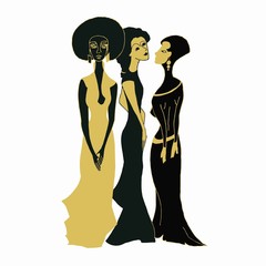 Vector illustration.  EPS. Black and gold.  A variety of women, friends, of different nationalities, integrity. Print for t-shirts, cards, banners, art for interiors.