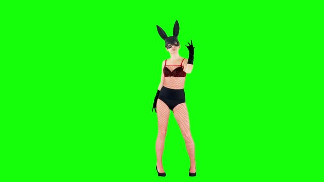 Girl Dancing in Playboy Bunny Mask and Bodystocking on Green Screen