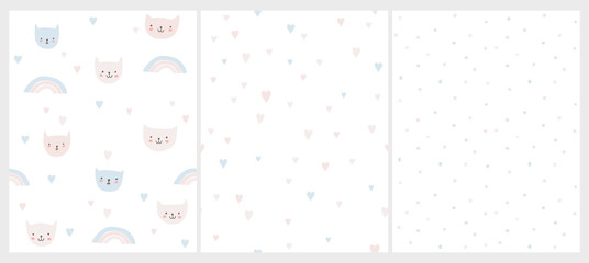 Lovely Pastel Colors Nursery Vector Patterns. Funny Smiling Cats on a White Background. Hearts and Rainbows Among Kitties. Pink, Blue and Gray Hearts Pattern. Bright Irregular Dotted Layout. 