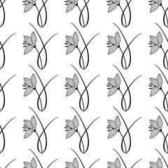 Playful geometric vector seamless pattern wiht doodles, hand drawn crocus plants organized into stripes. 