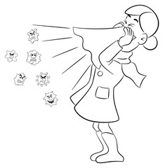 sneezing woman with germs