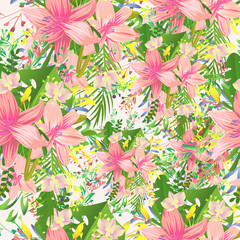 Beautiful cute liliya pattern. Different detail design with tropic monstera and foliage
