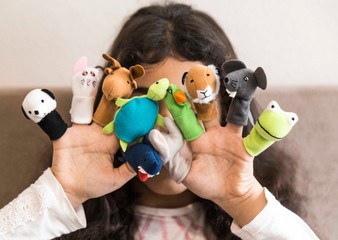 Funny animals puppets in the fingers. Children's activities concept.Happy teachers day 
