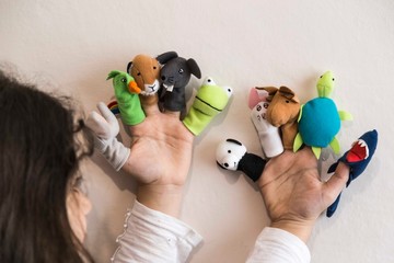 Funny animals puppets in the fingers. Children's activities concept.Happy teachers day 