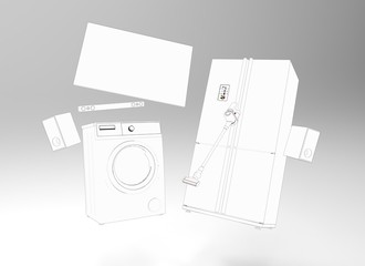 Drawn household appliances. 3d illustration.