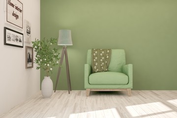 Grren cozy minimalist room with armchair. Scandinavian interior design. 3D illustration