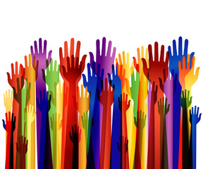 Many colored hands up. Arms upwards. Large group of happy hands multiple exposure. Vector