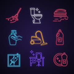 Cleaning service neon light icons set