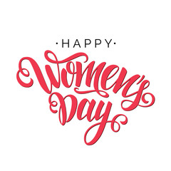 Happy Women's Day vector red script lettering on white background. Hand written design element for card, poster, banner. Modern calligraphy for 8 March day. Isolated typography print.