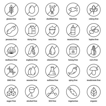 Food allergens icons vector set. On white background.	
