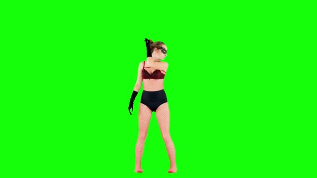 Arousing Dancer in Red Bodystocking Dancing on Green Screen