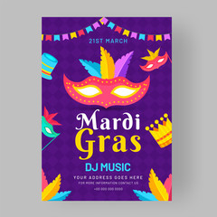 Flat style mardi gras party template or flyer design with party mask illustration.