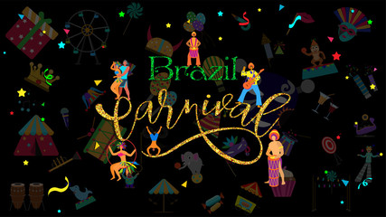 Stylish lettering of Brazil carnival with dancing people on confetti background can be used as poster or banner design.
