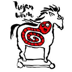 Trojan horse with worm inside. Computer virus symbol. Grunge dry brush vector illustration.