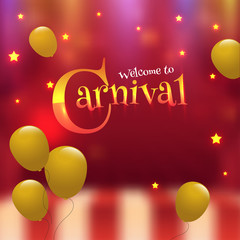 Carnival Party celebration poster design with golden balloons and stars decorated on blurred background.