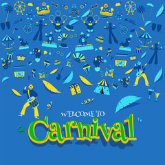 Carnival party celebration poster design decorated with festival elements on blue background.