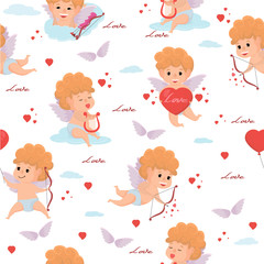 Set of difference pose cute cupid in valentine day.Vector and illustration.