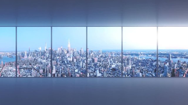 Modern empty office interior with panoramic windows and with city view.