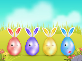 Colorful bunnies easter eggs with cute expression on nature landscape background for Easter Celebration concept.