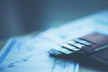 Leather wallet with credit and discount cards the workplace in the office