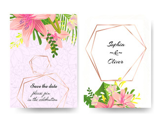Beautiful modern invitation wedding template with gold frames and liliya. Template gift card