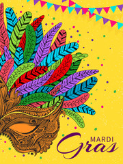 Colorful feather party mask illustration in doodle style on on yellow background for Mardi Gras template or greeting card design.
