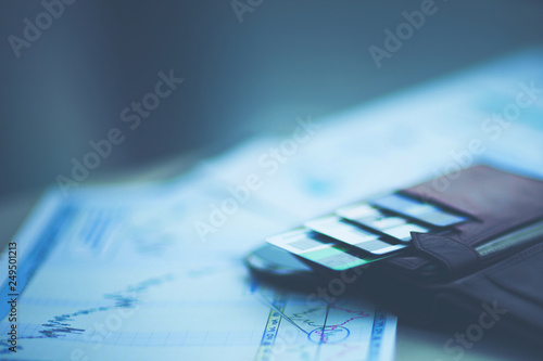 Leather wallet with credit and discount cards the workplace in the office