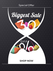 Creative sale banner design with illustration of hourglass full of gift boxes for Biggest Sale template or flyer design.