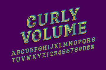 Curly volume letters with numbers and currency signs. Volumetric gradient font. Isolated english alphabet.