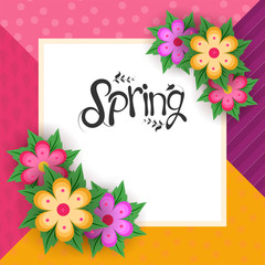 Colorful paper cut flowers decorated on abstract background with stylish lettering of Spring.