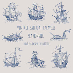 Old caravel, vintage sailboat. Hand drawn vector sketch.