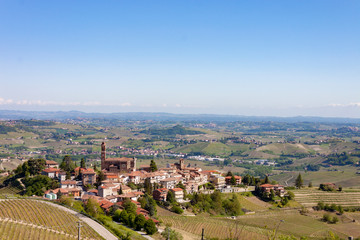 Aerial view of the vineyards of Castiglione Tinella, Piedmont.
