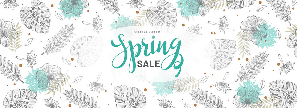 Spring sale header or banner design decorated with tropical leaves for advertising concept.