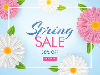 Spring sale poster or banner design decorated with daisy flowers on blue background.