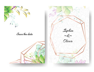Modern styled invitation on wedding with gold frames and succulents on white background