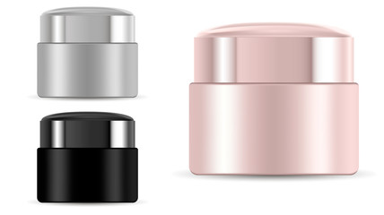 Cosmetic Cream Jar. Plastic Round Tin for Scrub, Gel. Blank of Realistic Canister with Cap. No Logo. Medicine Ointment Product Vector Container. Creme Design pack.