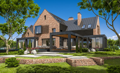 3d rendering of modern cozy clinker house on the ponds with garage and pool for sale or rent with beautiful landscaping on background. Clear sunny summer day with blue sky.