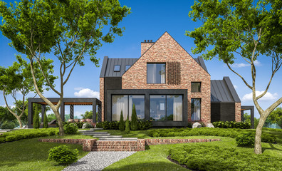 Fototapeta na wymiar 3d rendering of modern cozy clinker house on the ponds with garage and pool for sale or rent with beautiful landscaping on background. Clear sunny summer day with blue sky.